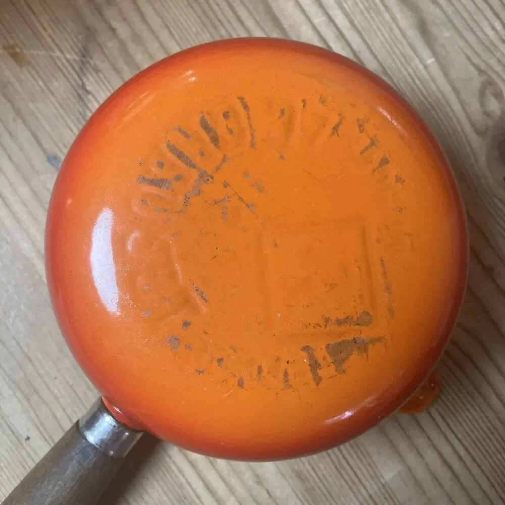Vintage Le Creuset #14 Flame Orange Enameled Cast Iron Wood Handle Saucepan
